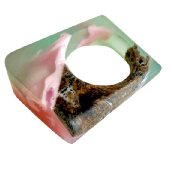 Handcrafted Resin Ring Floral Ocean Wood Pattern Size 6 - Picture 1 of 4
